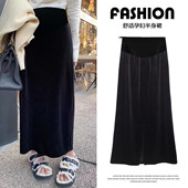 百搭显瘦黑色托腹A字开叉直筒裙春季 孕妇金丝绒半身裙春装 中长款