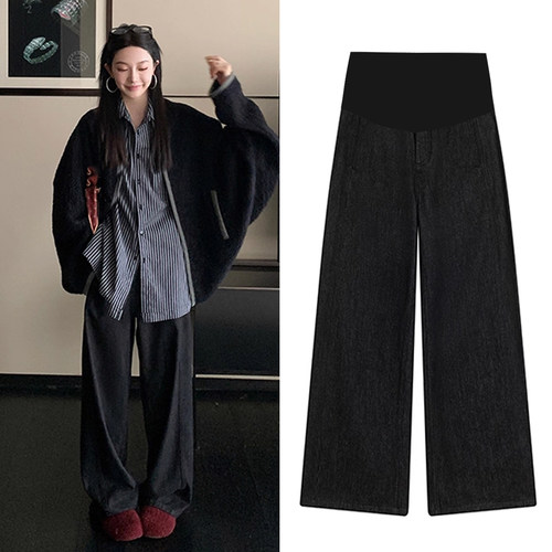 黑灰色孕妇牛仔阔腿裤子春夏季薄款2026新款春装外穿直筒拖地长裤