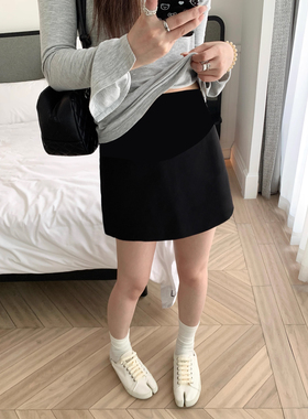 孕妇包臀西装短裙女黑色秋季薄款百搭小个子A字孕期托腹半身裙子