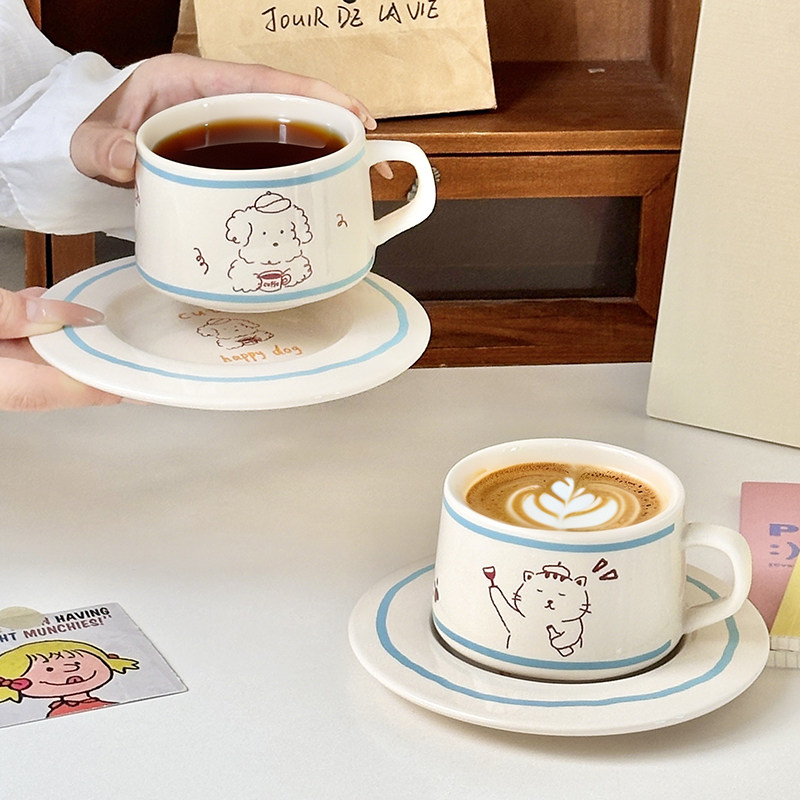 陶瓷咖啡杯碟套装可爱卡通喝水杯子家用高颜值ins风高级感早餐杯,餐饮具,咖啡杯,淘宝优惠券,粉丝福利购,淘宝优惠卷