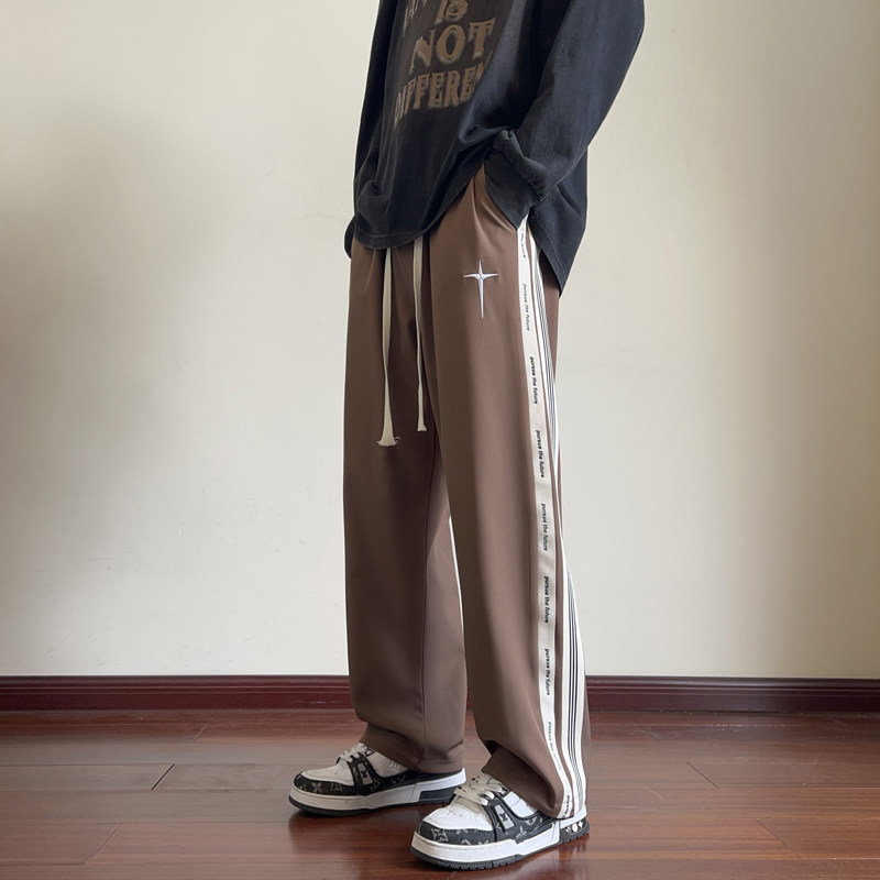 美式直筒裤子高街复古运动裤秋季条纹男生休闲长裤-K673-P35深咖,男装休闲裤,星座307-3(原516-1)