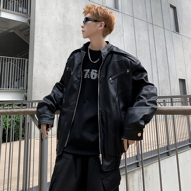 美式机车皮衣外套男秋季23新款设计感小众宽松PU皮夹克-PY868-P80，男装皮衣，星座307-3(原516-1)