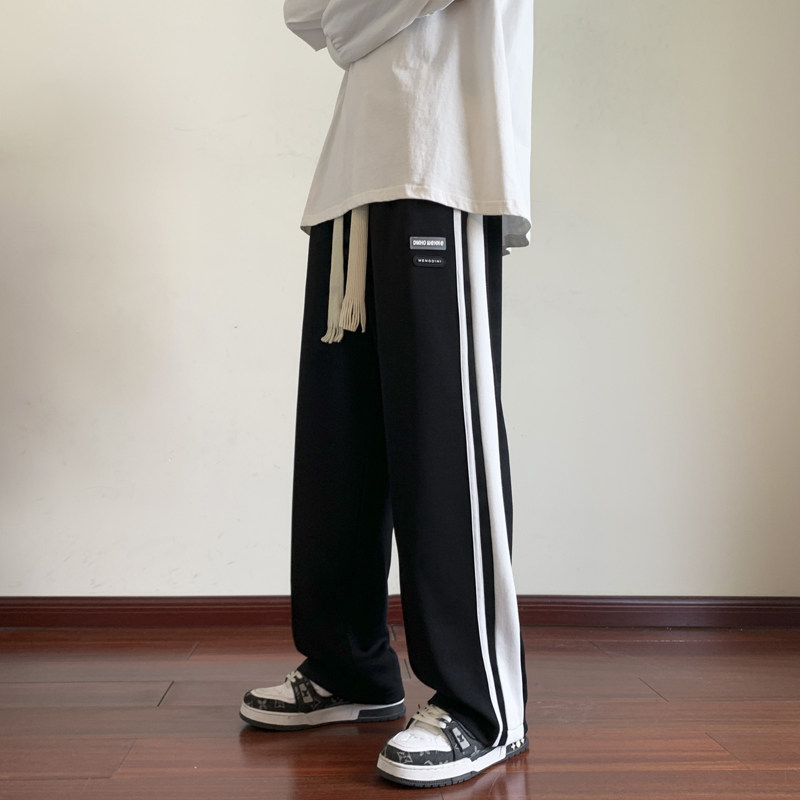 裤子男秋季运动裤条纹拼色直筒休闲裤男士宽松阔腿裤-K332-P45黑图片