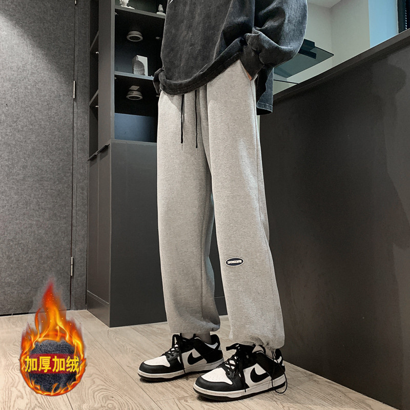 裤子男宽松休闲裤港风加绒束脚裤华夫格男士长裤-JR280-P40灰加绒图片