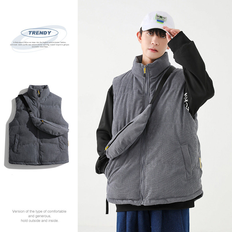 灯芯绒棉马甲男冬季日系复古加厚立领棉服情侣外套-8516-P68灰色图片