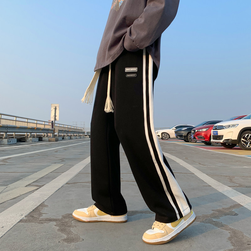 裤子男秋侧条纹休闲裤宽松直筒阔腿裤大码高街卫裤-K332-P45卡其,男装休闲裤,星座307-3(原516-1)