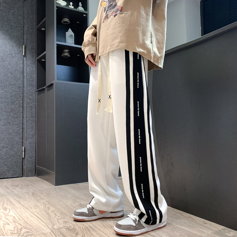 秋季卫裤男美式高街oversize潮条纹直筒运动裤子潮-K658-P45白,男装休闲裤,星座307-3(原516-1)