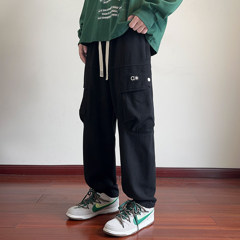 美式大码工装裤子男复古休闲长裤春秋宽松直筒裤潮-8875-P50黑色图片