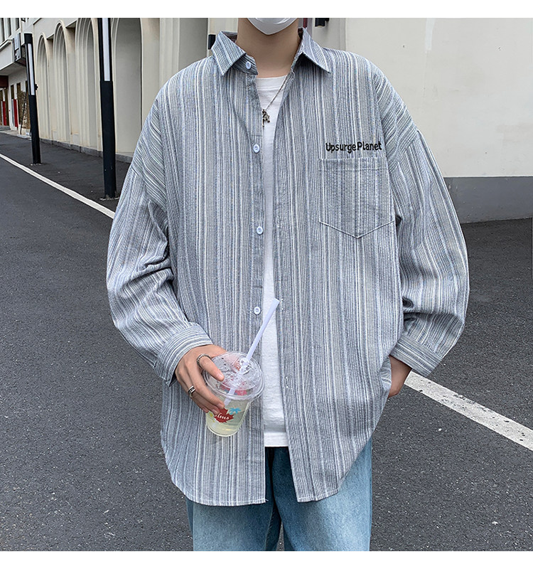 春夏长袖竖条纹衬衫男休闲港风高街bf韩版日系衬衣潮-CS80-P40蓝,男装衬衫,星座307-3(原516-1)