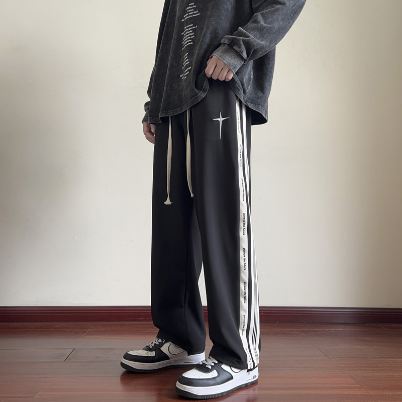 美式直筒裤子高街复古运动裤秋季条纹男生休闲长裤-K673-P35深咖,男装休闲裤,星座307-3(原516-1)