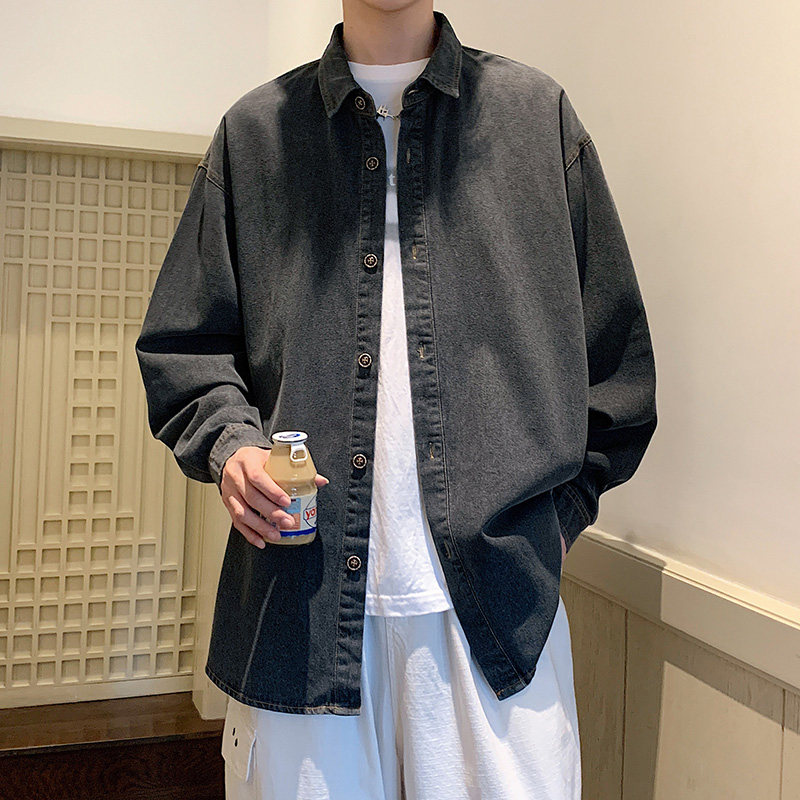 牛仔长袖衬衫男秋季美式韩版简约短袖衬衣港风宽松-CS622-P60黑图片