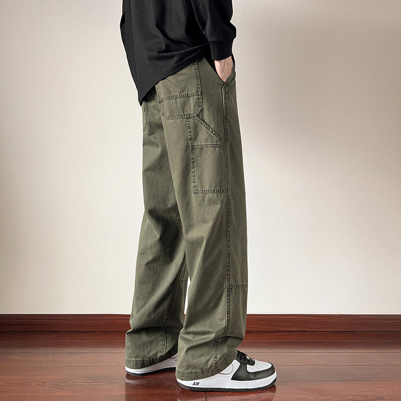 卡其色工装裤子男士春夏季复古宽松直筒休闲长裤潮-5077-P55军绿,男装休闲裤,星座307-3(原516-1)