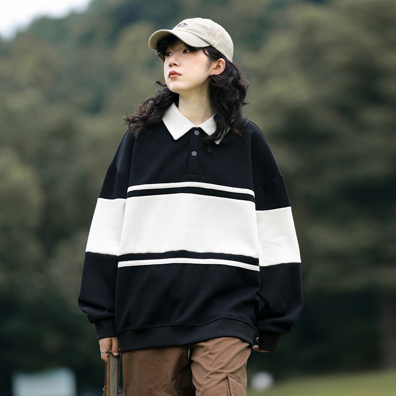 山系条纹翻领卫衣男女秋季宽松拼色polo衫长袖上衣-2386-米杏P55,男装卫衣,星座307-3(原516-1)