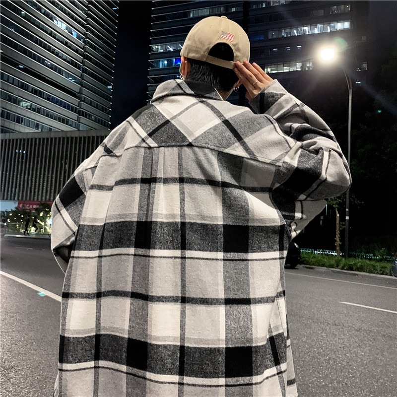 港风ins格子衬衫男长袖潮流百搭衬衣宽松春秋外套-CS612-P48-灰色,男装衬衫,星座307-3(原516-1)