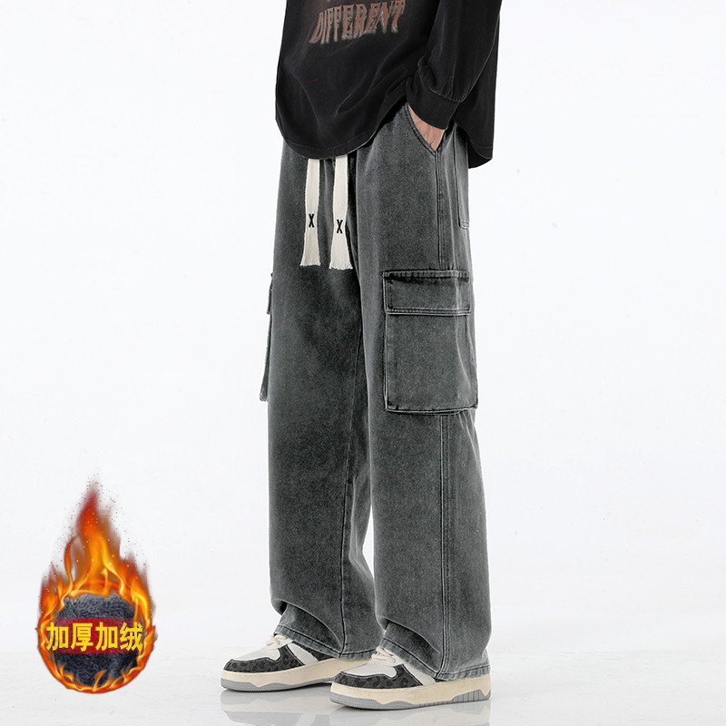 高街复古工装牛仔裤男冬季美式vibe直筒长裤潮-BK801-P58浅灰加绒图片
