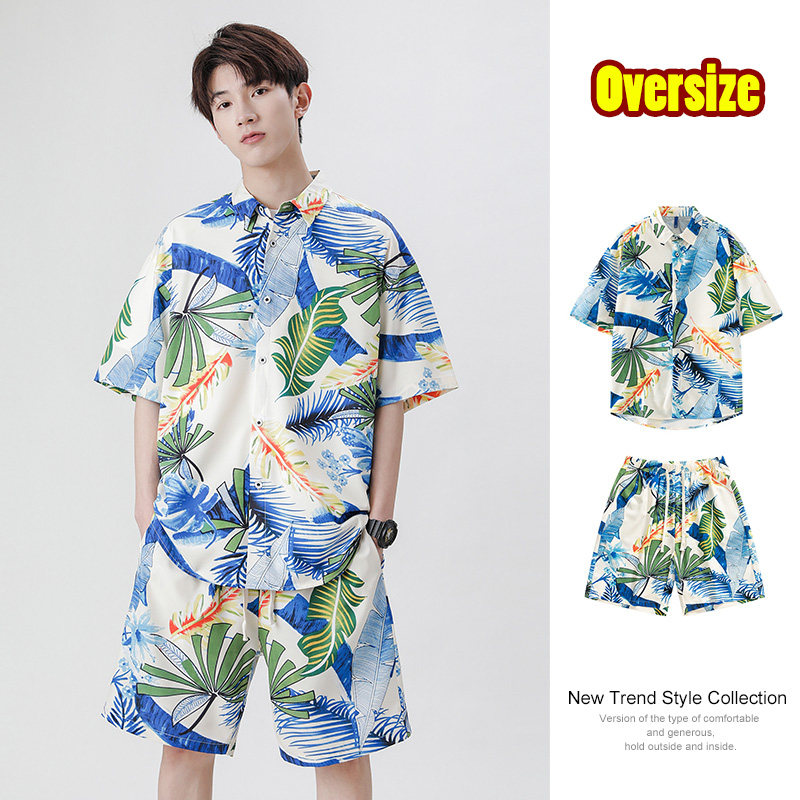 潮牌潮流短袖衬衫套装男夏季情侣两件套沙滩短裤衬衣-TZ633-P60蓝,男装休闲套装,星座307-3(原516-1)