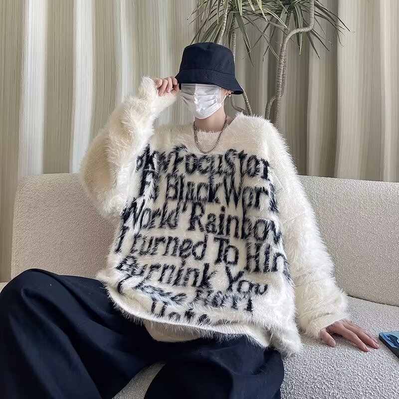 毛衣男2024冬季复古圆领水洗貂毛oversize情侣针织衫-M659-P58杏,男装针织衫/毛衣,星座307-3(原516-1)