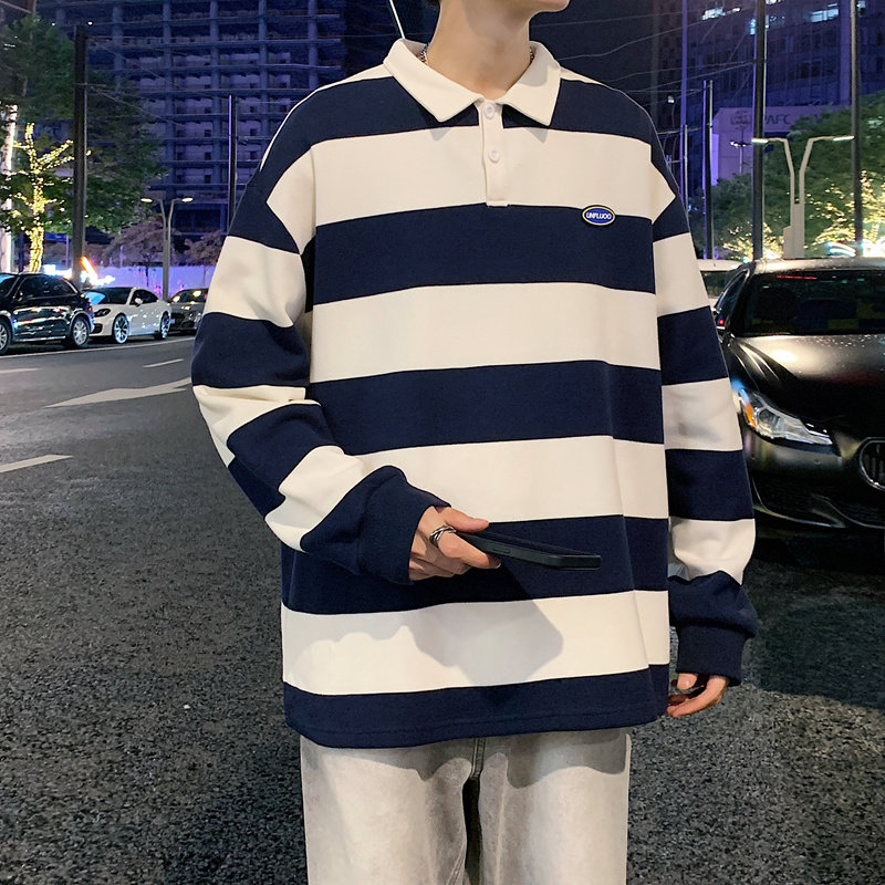 秋装男士polo衫翻领拼色条纹字母卫衣少年学生衣服-2381-宝蓝P55,男装卫衣,星座307-3(原516-1)