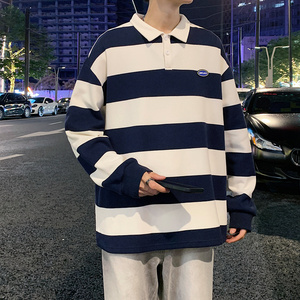 秋装男士polo衫翻领拼色条纹字母卫衣少年学生衣服-2381-宝蓝P55
