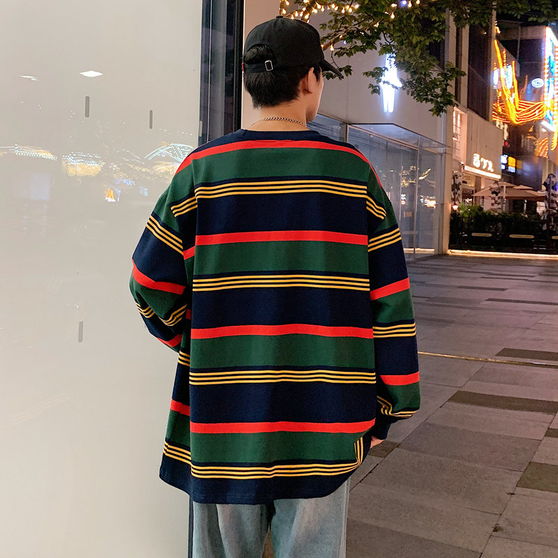 280G重磅长袖卫衣条纹情侣t恤秋cityboy宽松打底衫-2393-宝蓝P58,男装卫衣,星座307-3(原516-1)