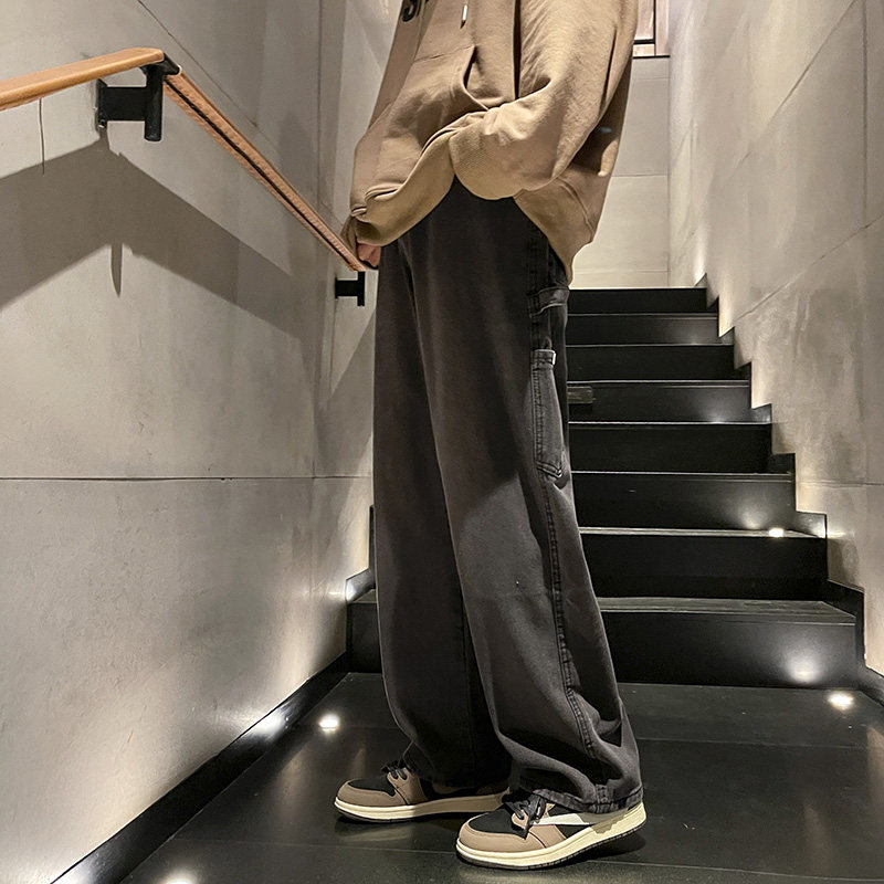 美式复古高街牛仔裤男潮牌水洗做旧宽松直筒休闲裤子-5099-P45黑图片