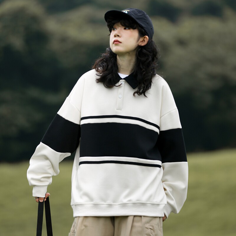 山系条纹翻领卫衣男女秋季宽松拼色polo衫长袖上衣-2386-墨绿P55,男装卫衣,星座307-3(原516-1)
