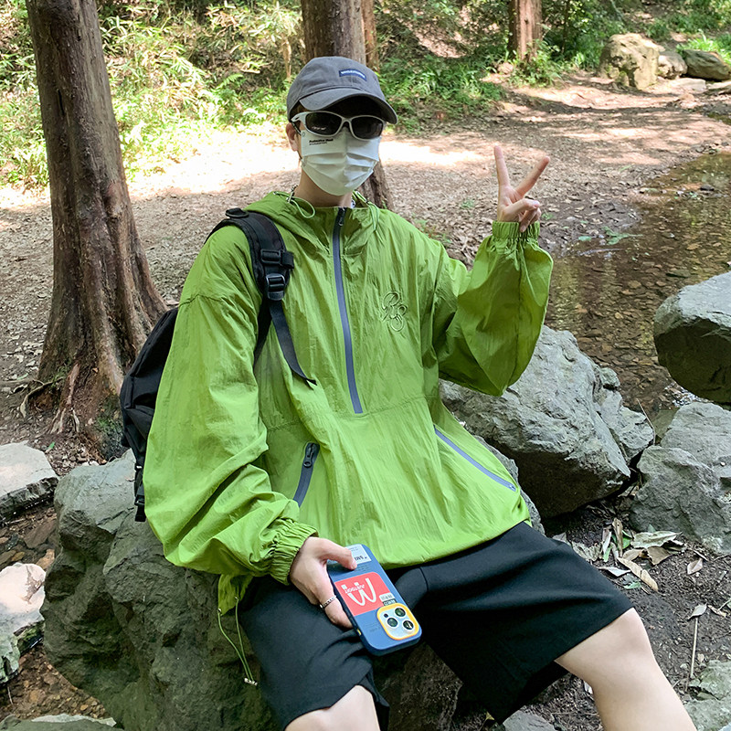 日系纯色刺绣连帽防晒衣男夏季薄款街头宽松透气夹克-7012-P40,男装夹克,星座307-3(原516-1)
