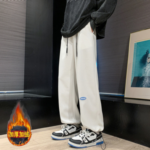 裤子男宽松休闲裤港风加绒束脚裤华夫格男士长裤-JR280-P40白加绒,男装休闲裤,星座307-3(原516-1)
