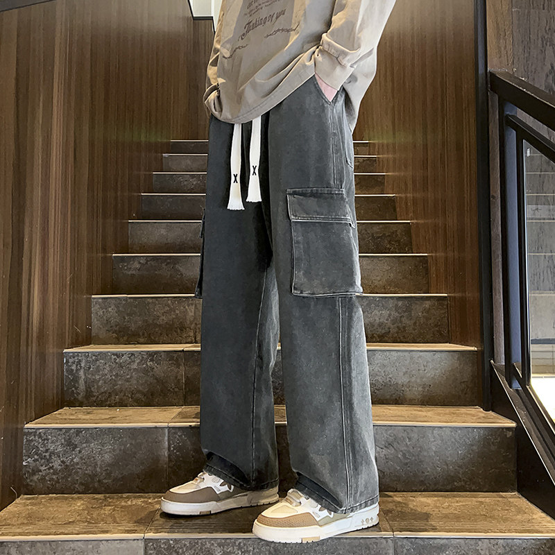 牛仔裤男秋季2023潮牌高街阔腿设计感直筒工装长裤-BK801-P48浅蓝,男装牛仔裤,星座307-3(原516-1)