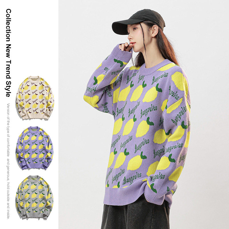 高级感情侣装秋冬宽松毛衣菠萝撞色慵懒风套头针织衫-7707-P68紫图片