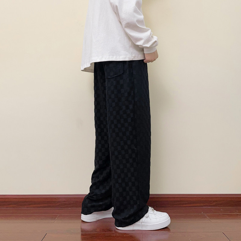 春季裤子男宽松棋盘格休闲长裤港风垂感直筒阔腿裤潮-K628-P45黑,男装休闲裤,星座307-3(原516-1)