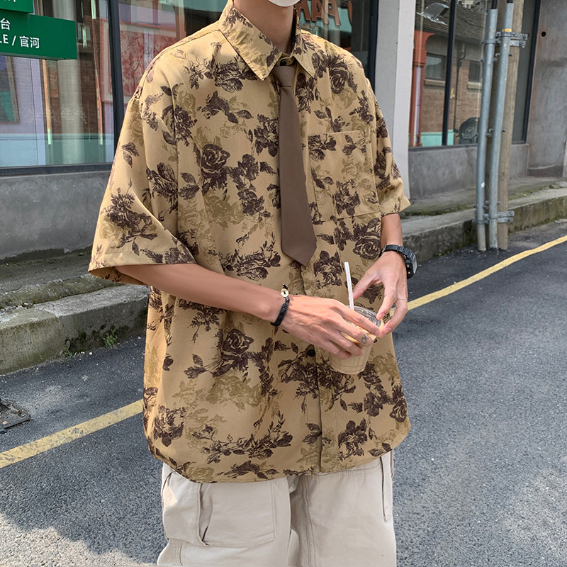 冰丝薄款花衬衫男夏季宽松休闲短袖衬衣高街美式-CS23-P35卡其图片