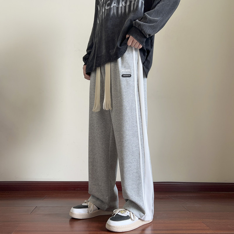 裤子男秋季运动裤条纹拼色直筒休闲裤男士宽松阔腿裤-K332-P45灰图片