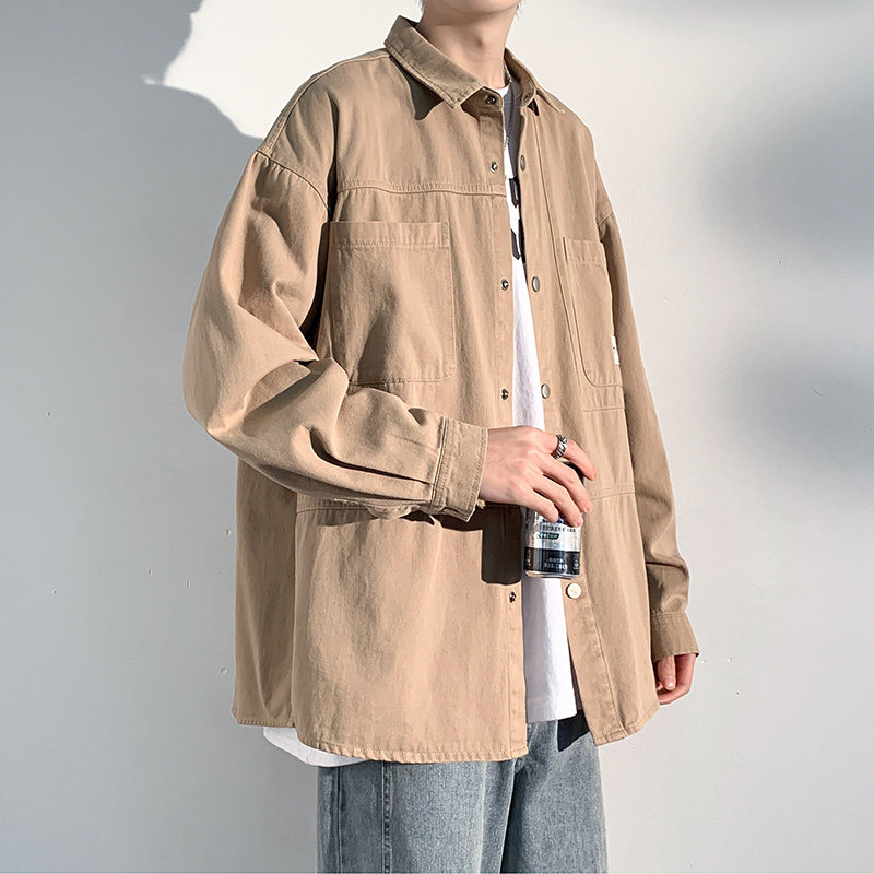 重磅水洗纯棉衬衫男日系休闲复古工装青年宽松外套男-CS620-P70黑,男装衬衫,星座307-3(原516-1)