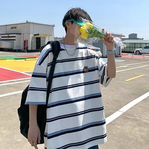 日系cityboy条纹短袖男设计感小众T恤夏季冰丝短袖-T017-P25白色图片