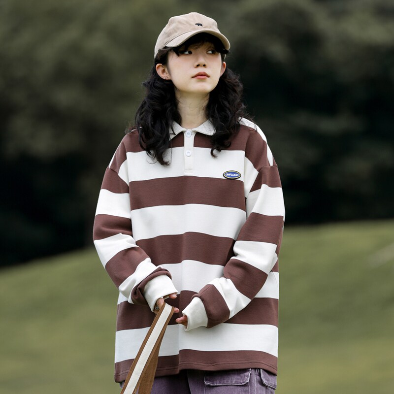 2023男女polo衫翻领拼色条纹字母卫衣情侣款上衣服-2381-咖啡P55图片