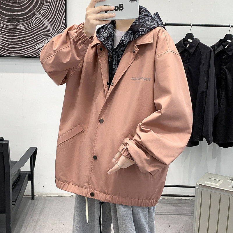 假两件外套男士春季ins港风日系夹克宽松休闲上衣-JK825-P75粉色图片