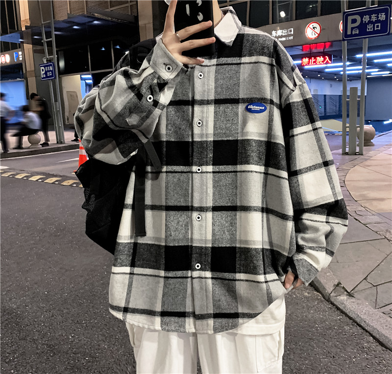 港风ins格子衬衫男长袖潮流百搭衬衣宽松春秋外套-CS612-P48-绿色,男装衬衫,星座307-3(原516-1)