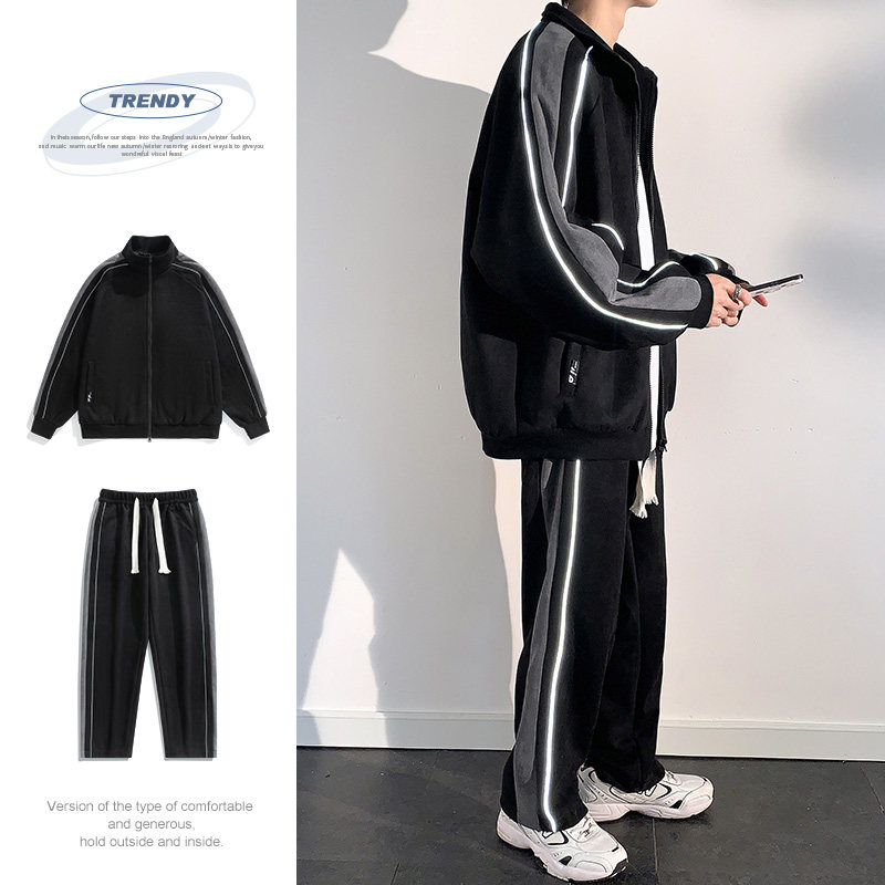 麂皮绒外套套装男2023新款春季棒球服夹克两件套潮-TZ8802-P115黑图片