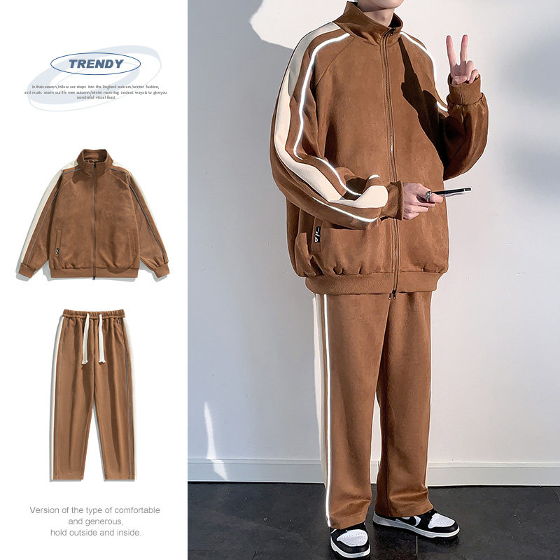 麂皮绒外套套装男2024新款春季棒球服夹克两件套-TZ8802-P115焦糖图片