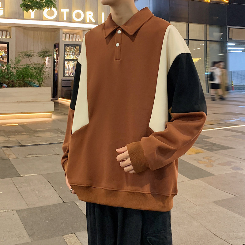 350G重磅卫衣男上衣设计感翻领2024春秋季拼接撞色t恤-2385-黑P55,男装卫衣,星座307-3(原516-1)