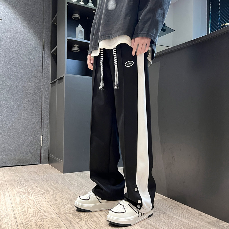 侧边排扣开衩织带条纹休闲长裤男春季美式高街直筒裤-K655-P48黑图片