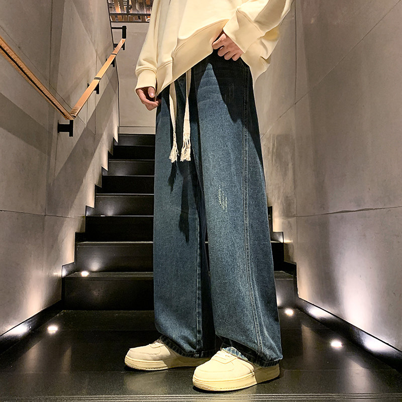 牛仔裤男春秋季宽松直筒阔腿裤2024新款ins潮牌裤子-BK122-P45蓝图片