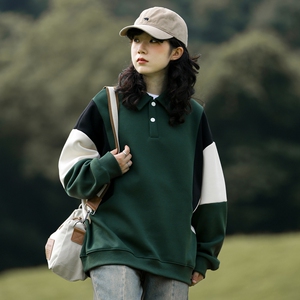 山系男女情侣款上衣设计感翻领23秋季拼接撞色卫衣-2385-墨绿P55图片
