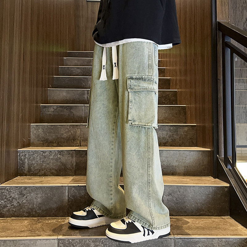 牛仔裤男秋季2023潮牌高街阔腿设计感直筒工装长裤-BK801-P48泥黄图片
