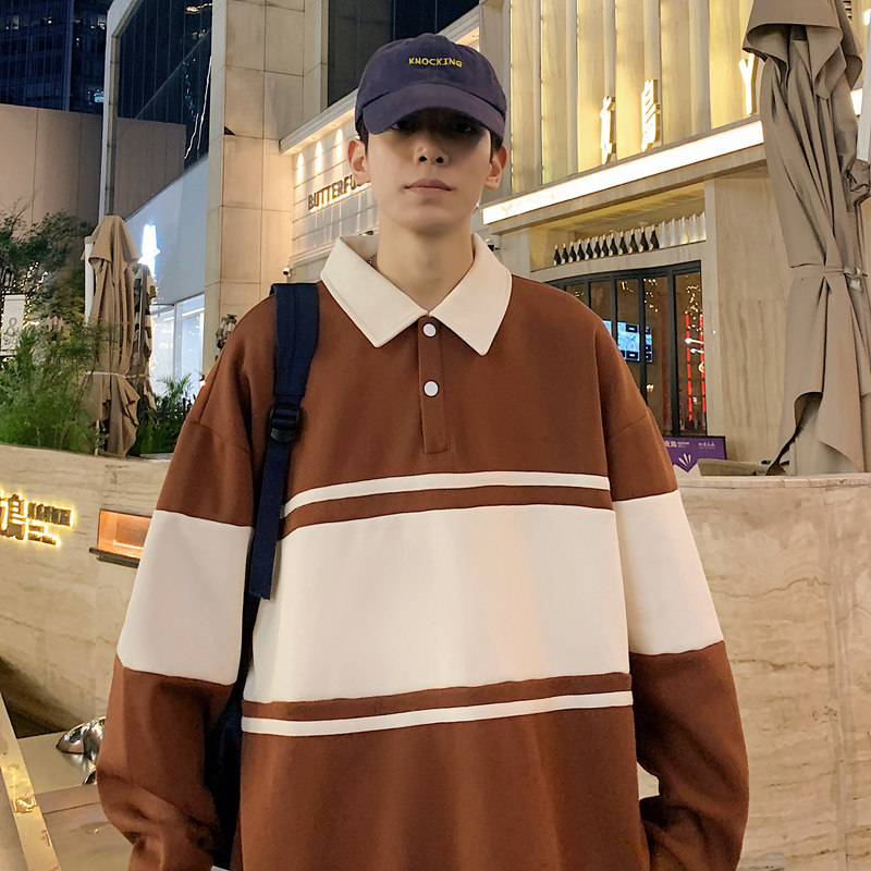 港风条纹翻领卫衣男23秋季宽松拼色polo衫长袖上衣-2386-米杏P55,男装卫衣,星座307-3(原516-1)