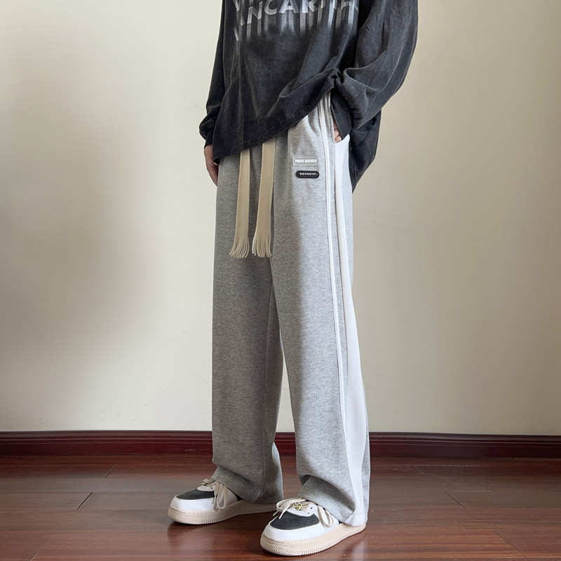 裤子男秋季运动裤条纹拼色直筒休闲裤男士宽松阔腿裤-K332-P45黑,男装休闲裤,星座307-3(原516-1)