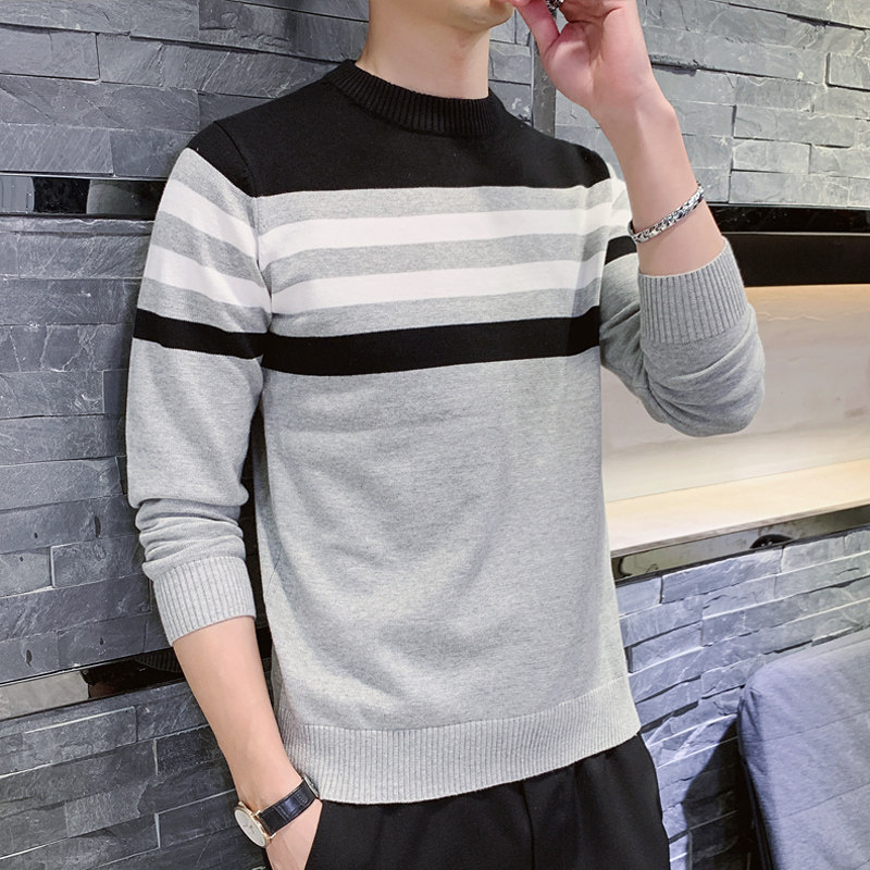 Striped contrast splicing Crew Neck Sweater autumn winter men's Pullover Sweater grey brick grey