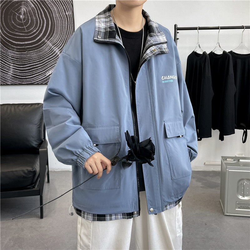 oversize拼接假两件外套男ins潮流宽松潮牌港风夹克-JK818-P65蓝图片
