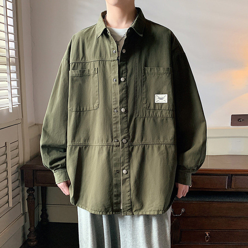 秋季男士长袖衬衫工装时尚纯色宽松学生衬衣小外套-CS620-P68军绿,男装衬衫,星座307-3(原516-1)